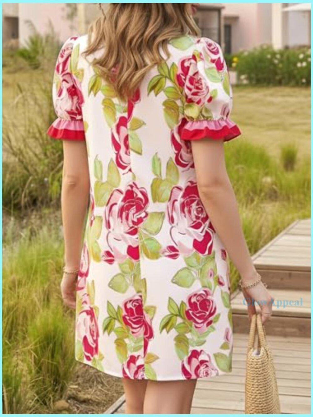 Floral Mini Dress with Puff Sleeves V-Neck Pockets Summer Casual - Picture 5 of 7